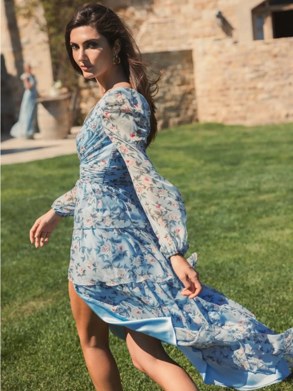 Mac Duggal 55880 Blue Puff Sleeve Floral Printed Dress Size 10 - Picture 6 of 12